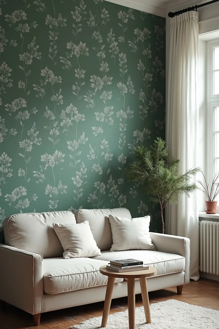 Accent wall with deep green peel-and-stick botanical wallpaper behind clean furniture