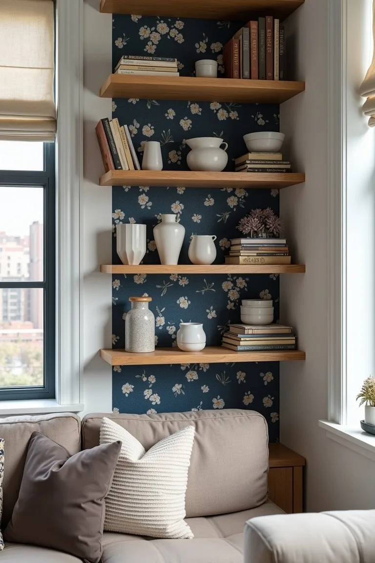 Open shelves backed with navy patterned wallpaper holding ceramics and books