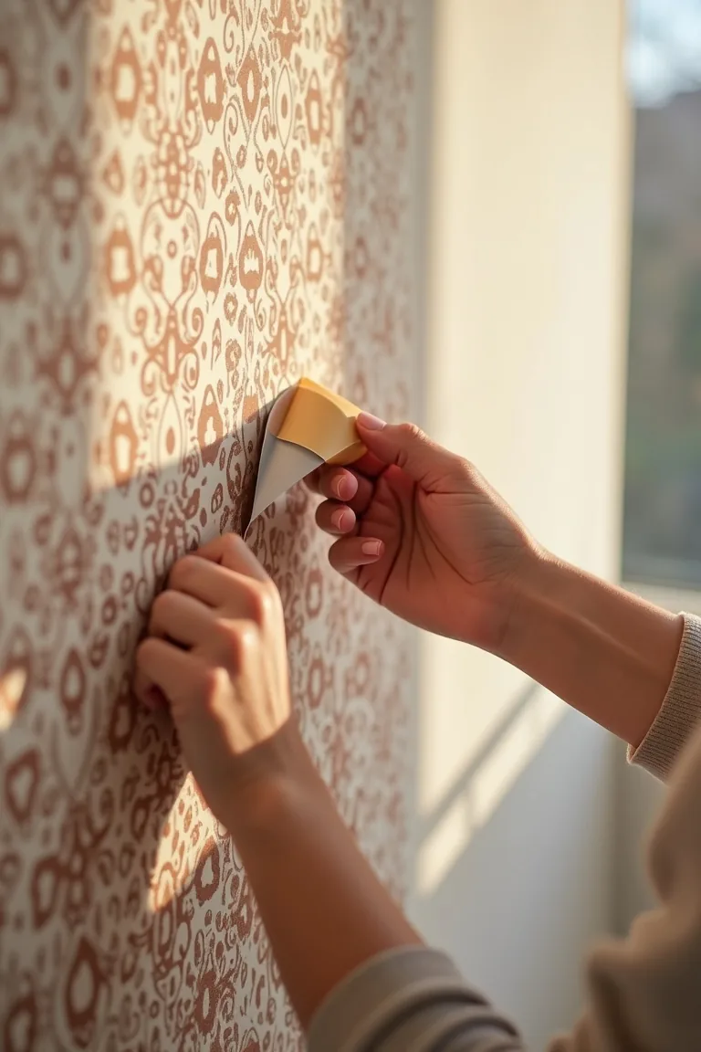 Smoothing rust-toned peel-and-stick wallpaper onto a wall with a plastic tool