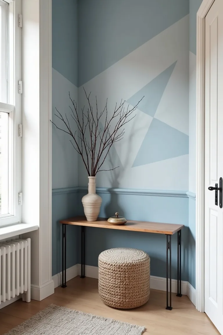 Navy geometric accent wall behind a console table with bare branches in a vase