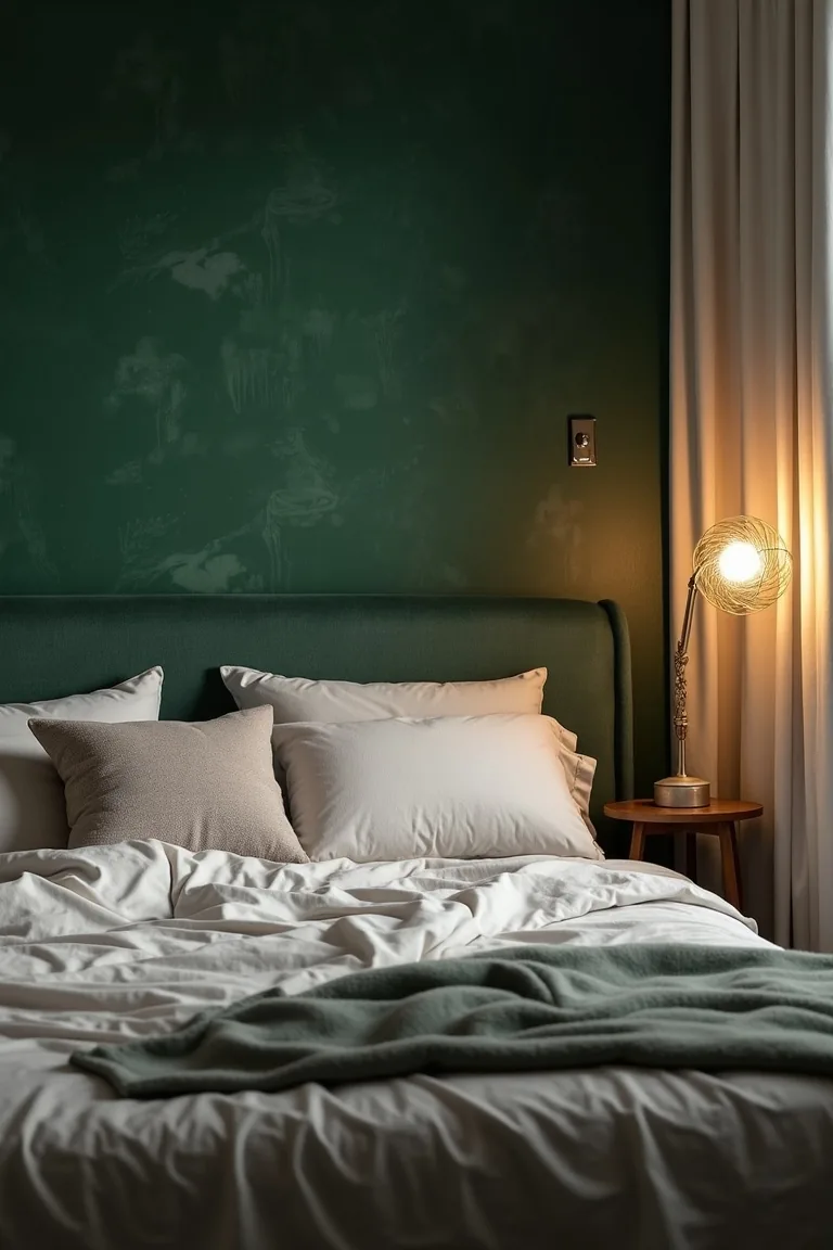 Deep green textured feature wallpaper behind a headboard with a warm bedside lamp