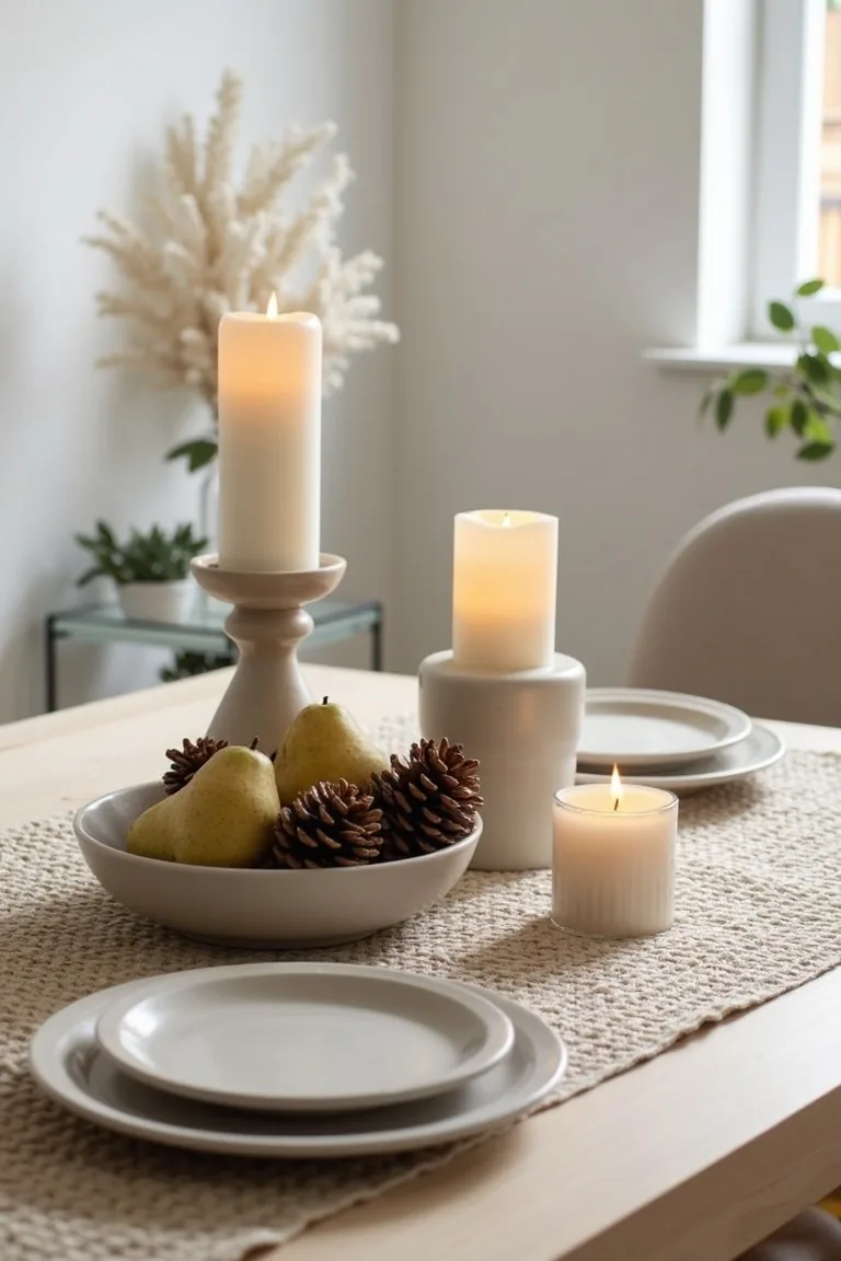 Overhead winter table with an oatmeal runner, pinecones, pears and mixed candles
