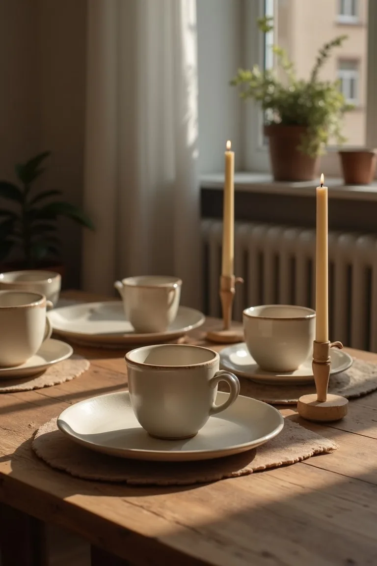 Everyday table for two with matte stoneware, handmade mugs and taper candles
