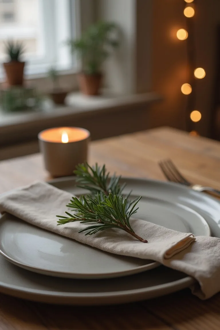 Place setting with a linen napkin, stoneware plate and an evergreen sprig