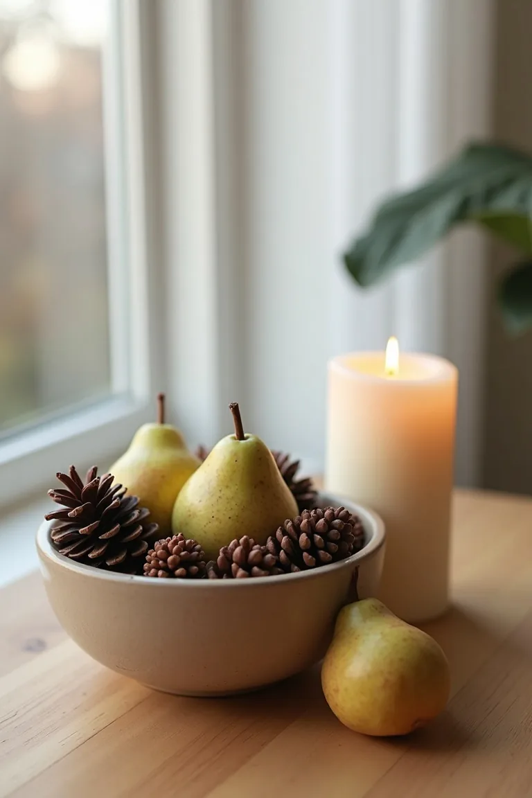 Winter centerpiece of pinecones and pears in a bowl beside a pillar candle