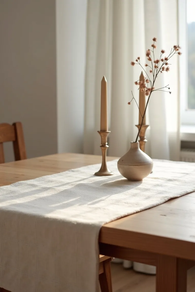 Linen runner on a small dining table with tapers and a low ceramic vase