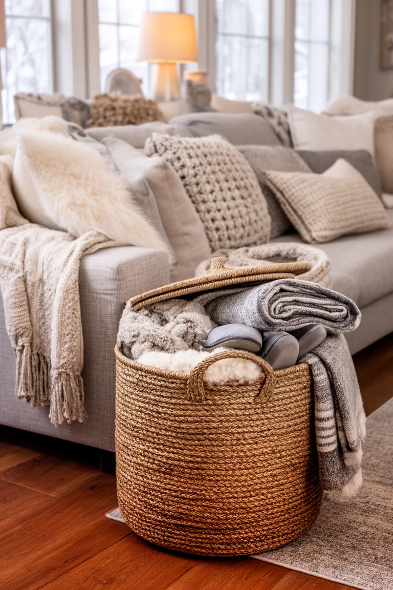 Lidded jute basket beside a sofa holding folded throws and slippers