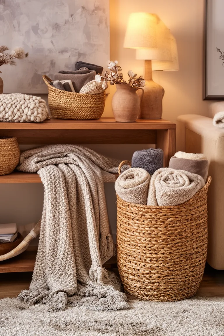 Tall seagrass basket with rolled blankets next to a wood console