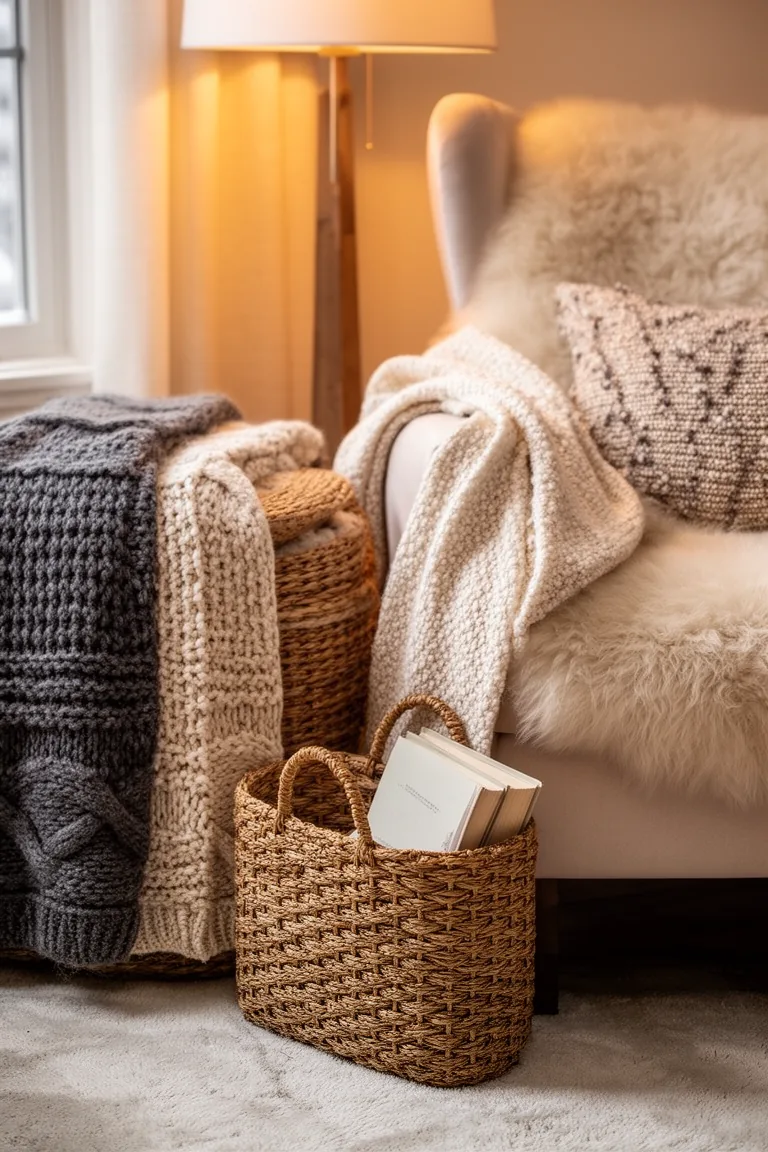 Mini woven tote basket beside an accent chair with a throw and book