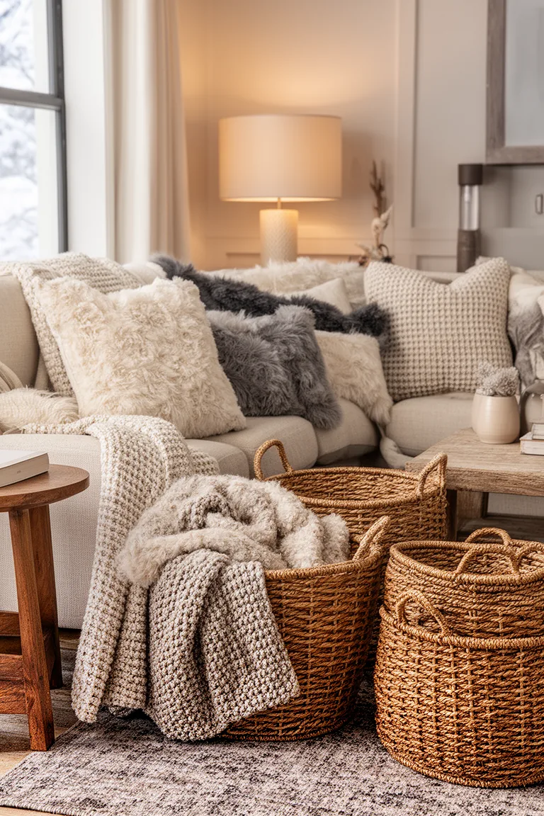 Natural woven baskets placed near seating in a tidy living room