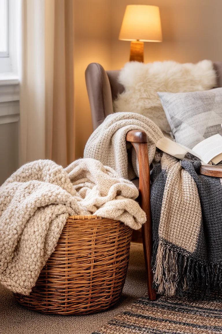 Round rattan basket overflowing with cream and camel throws
