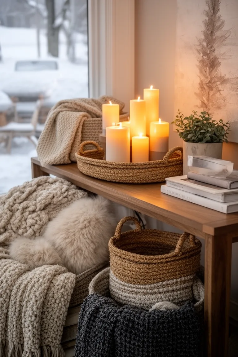 Grouped pillar candles in a low woven basket tray casting warm glow