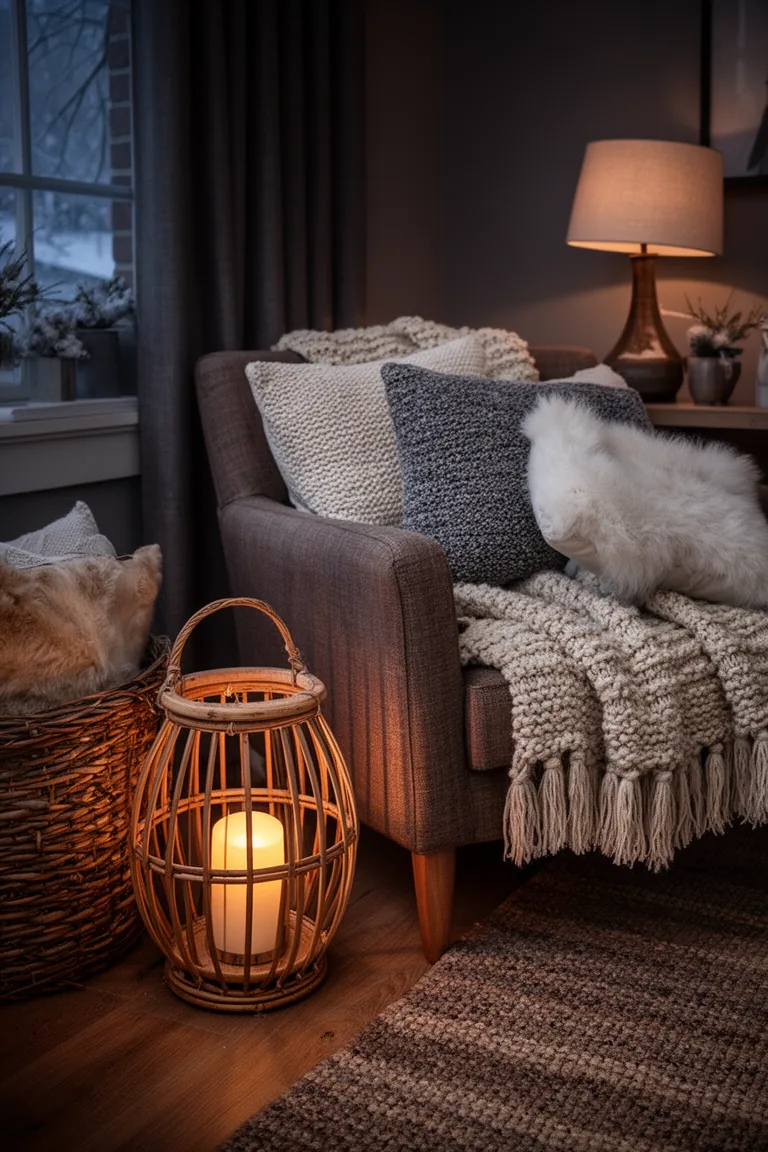 Floor lantern basket with a candle near an armchair in the evening