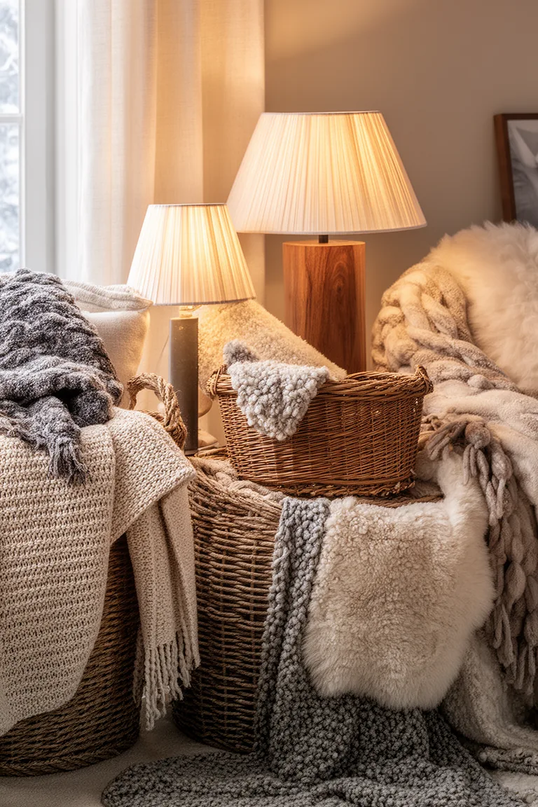 Table lamps with pleated linen shades casting soft diffused light