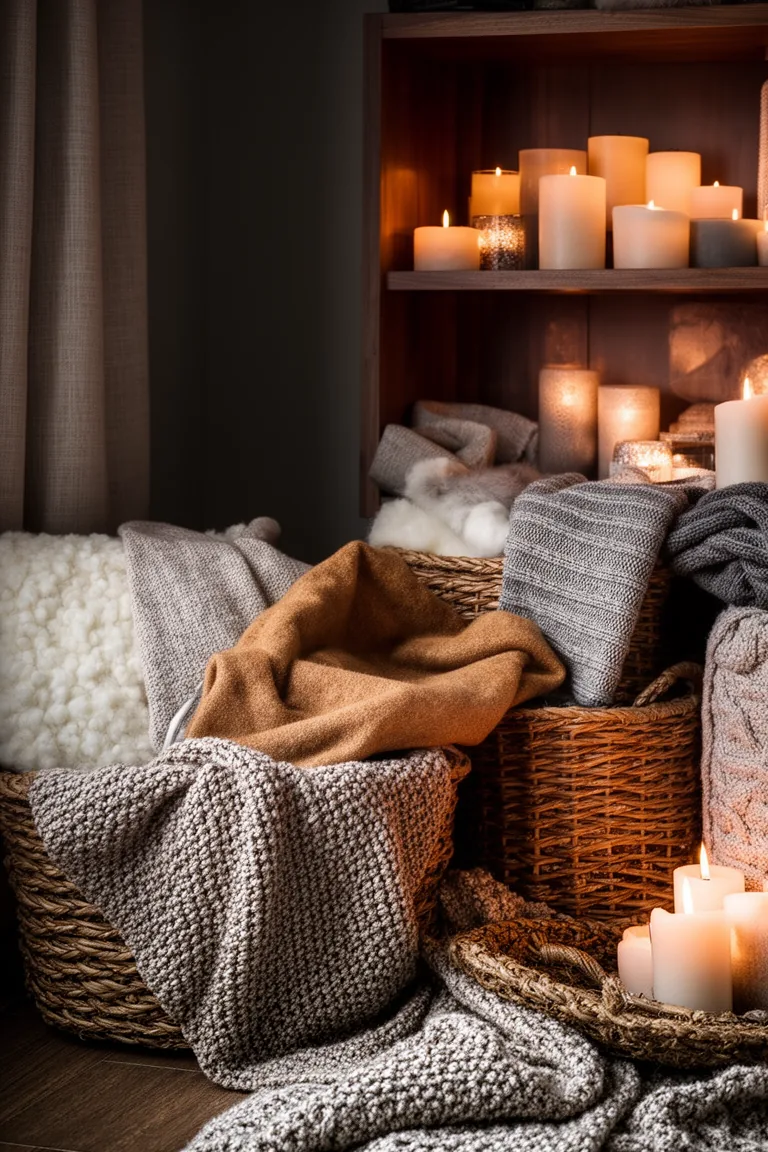Cozy dim corner with layered candlelight and a basket of throws