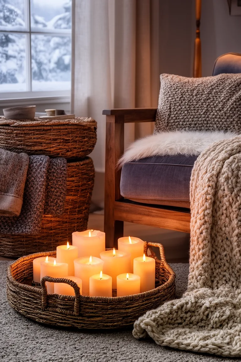 Warm winter evening with clustered candles in a basket tray and knit throw