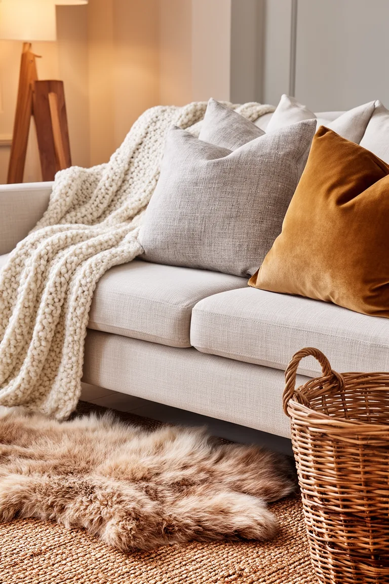 Linen sofa layered with chunky knit throw velvet cushion and a rattan basket