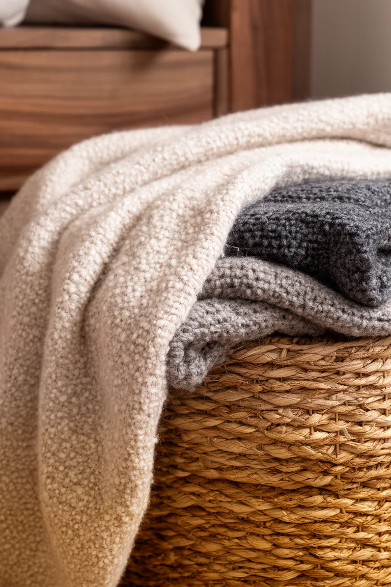 Closeup of boucle and chunky knit blankets with a woven jute basket