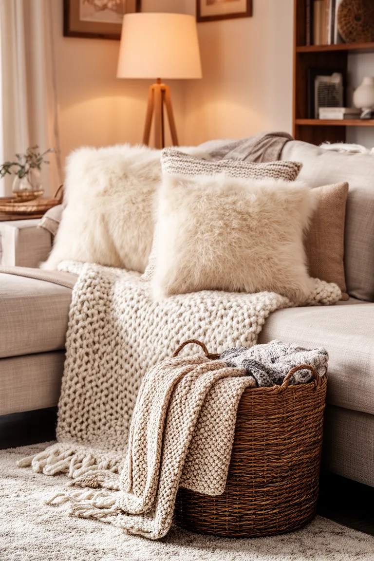 Cozy corner mixing knit linen and velvet with a basket of throws
