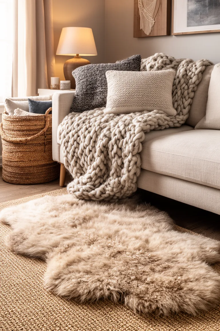 Sheepskin rug layered over a flat woven rug beside a knit throw