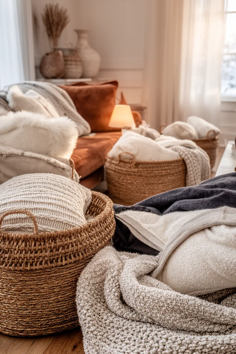 Calm winter living room with knit velvet and rattan baskets