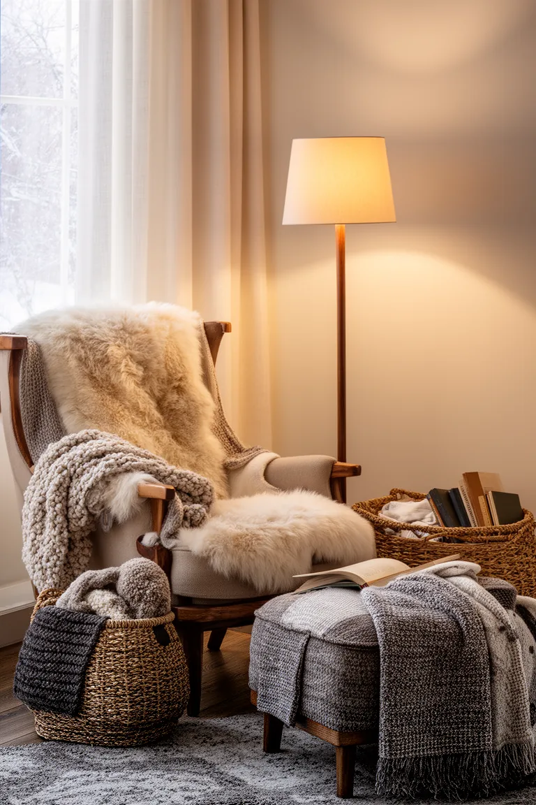 Cozy reading nook with armchair sheepskin warm lamp and a basket of throws