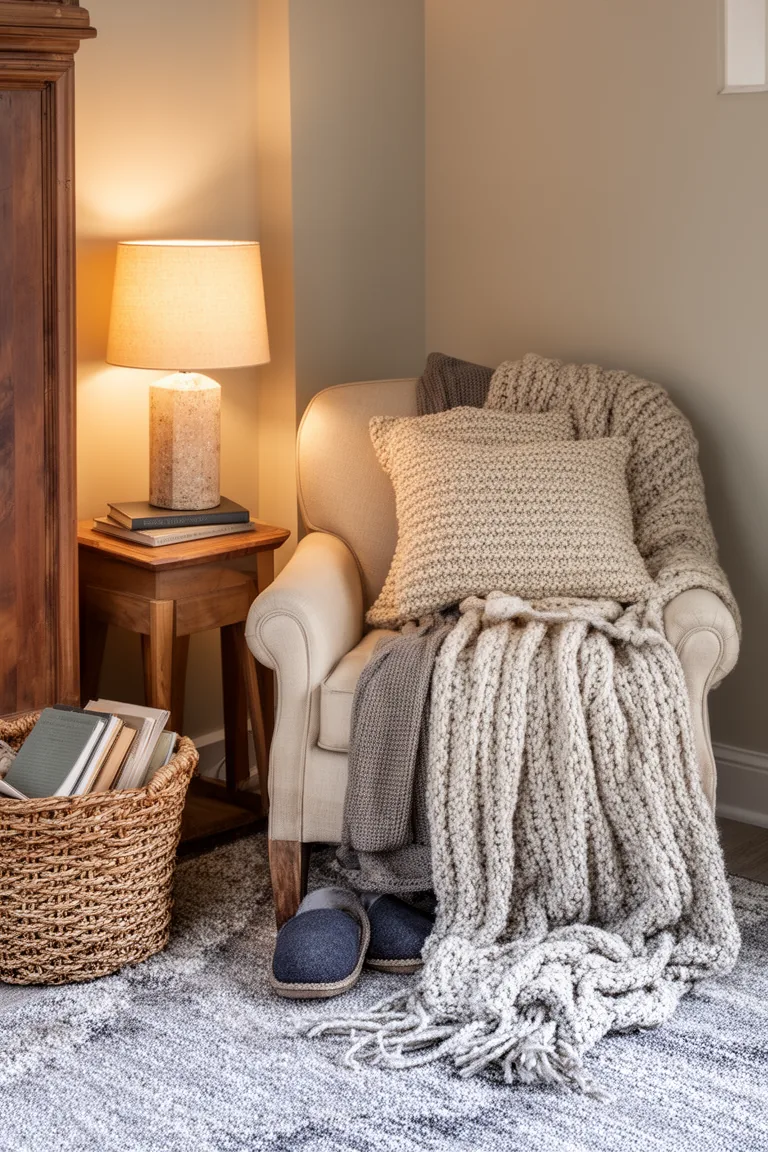 Slipper chair with a chunky knit throw and a woven basket of books
