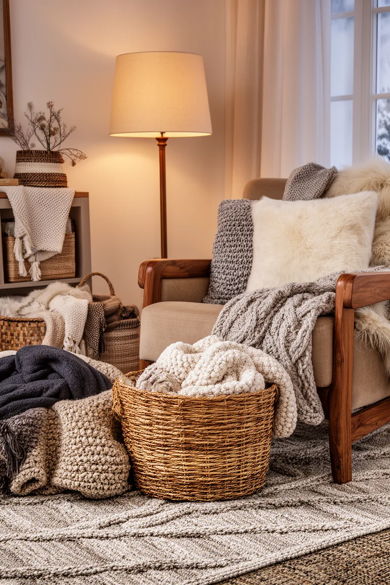 Floor lamp glowing over an armchair with a plush pillow and basket