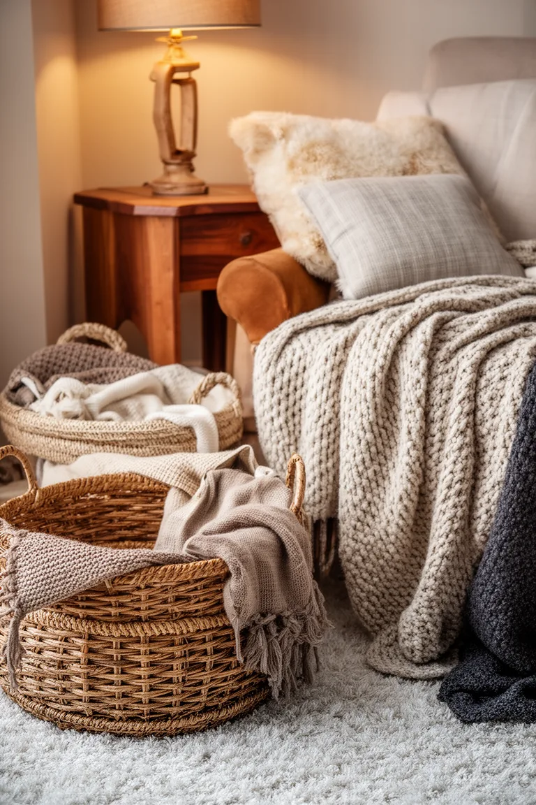 Intimate hygge reading corner with camel and stone accents and a throw basket