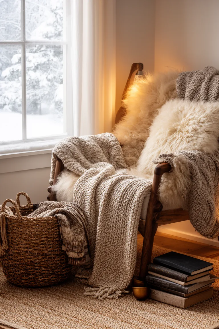 Cozy window corner armchair with sheepskin knit throw basket and books
