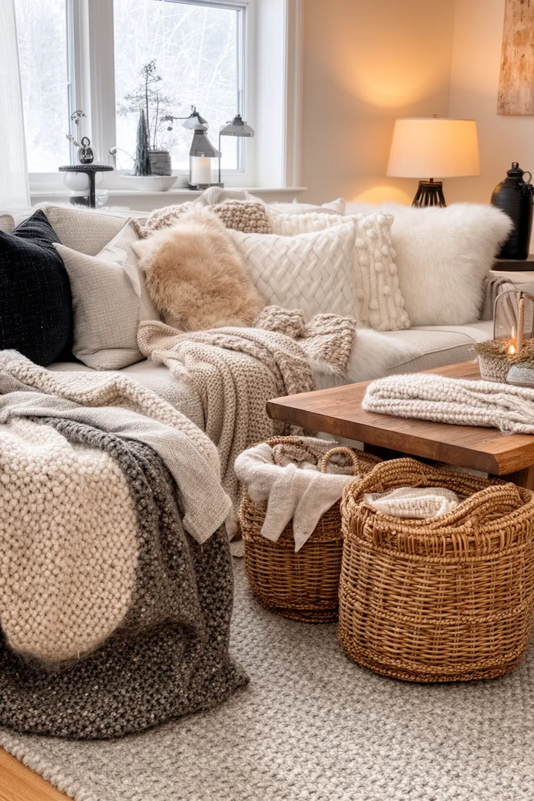 Cohesive winter living space in soft neutrals with natural baskets
