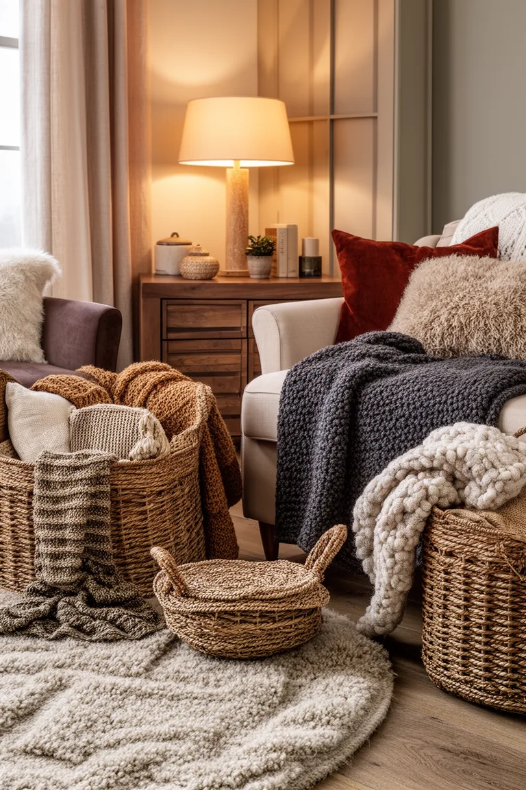 Earthy warm winter palette of rust olive and chocolate with woven baskets