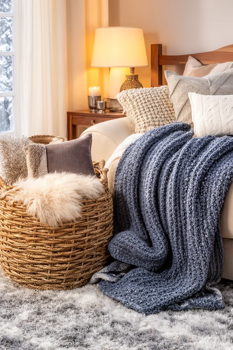 Frosty calm winter scheme of icy blue charcoal and white with a knit throw