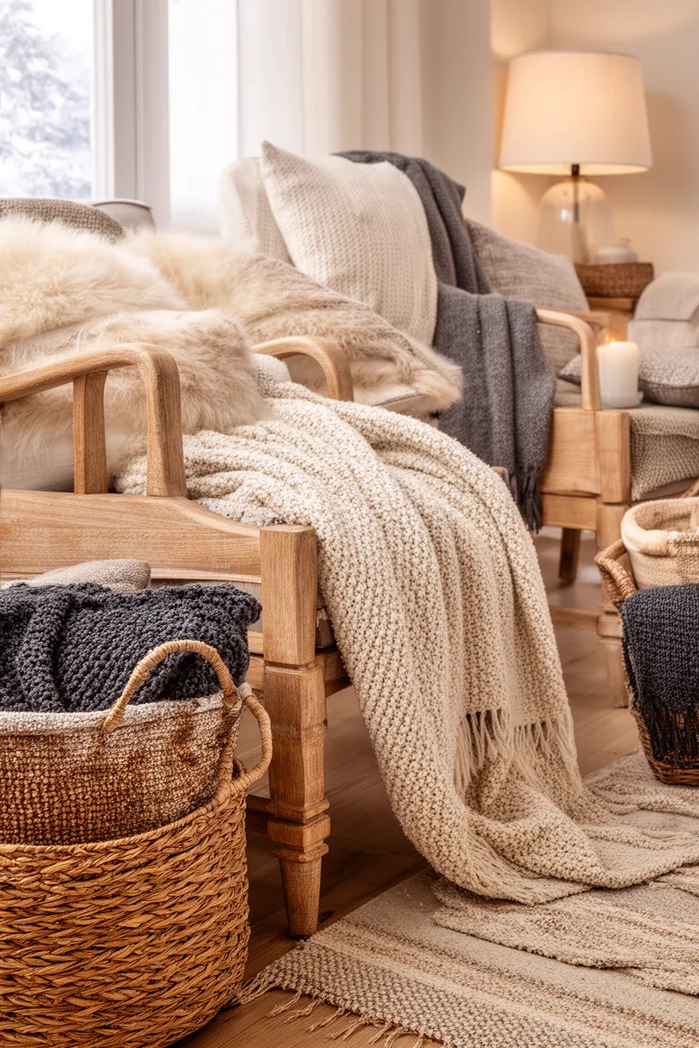 Basket tones matched to light oak furniture with accent color throws