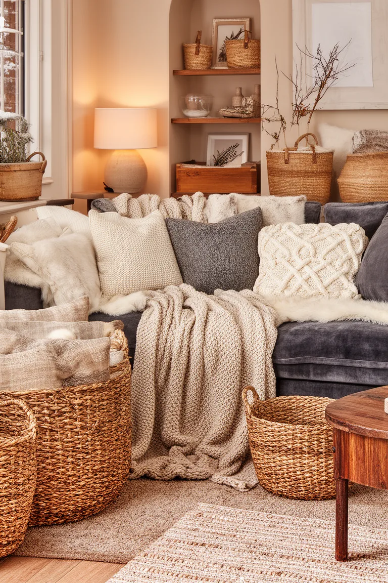 Balanced winter living room where palette texture and baskets feel intentional
