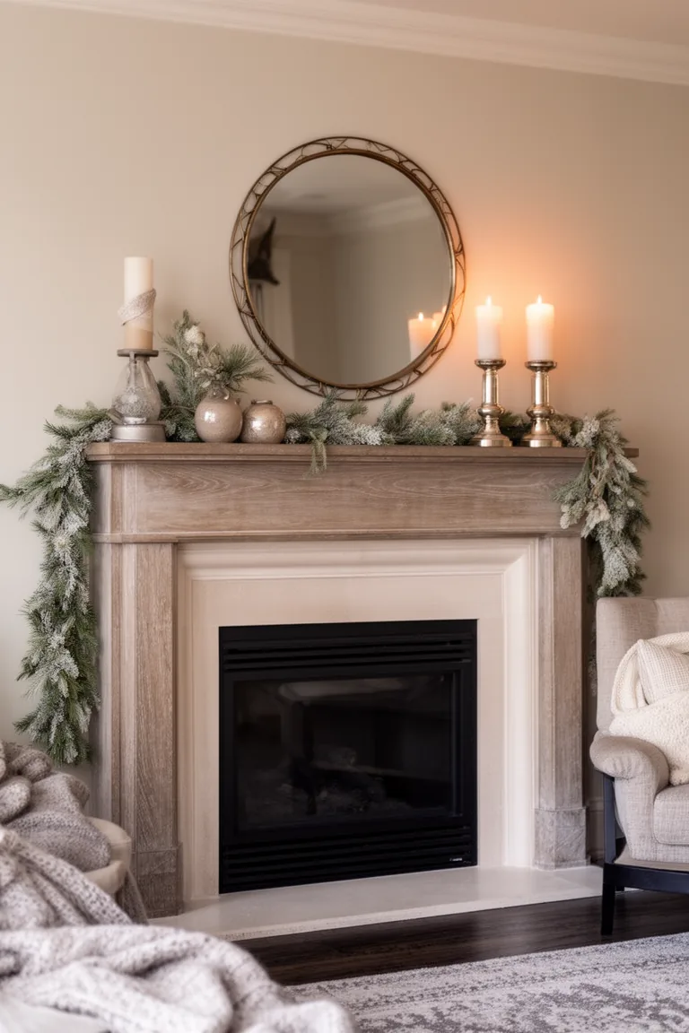 Luxe winter mantel mixing brass and champagne silver with black accents