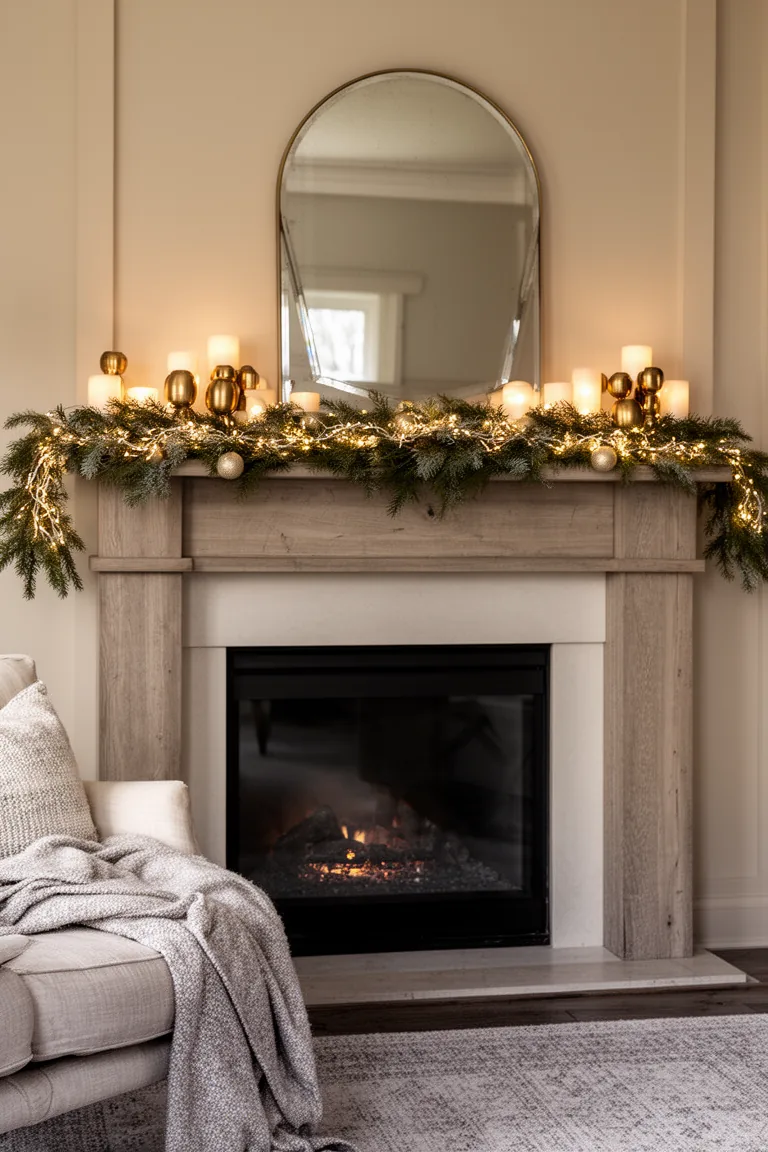 Elegant mantel with brass ornament clusters and warm fairy lights