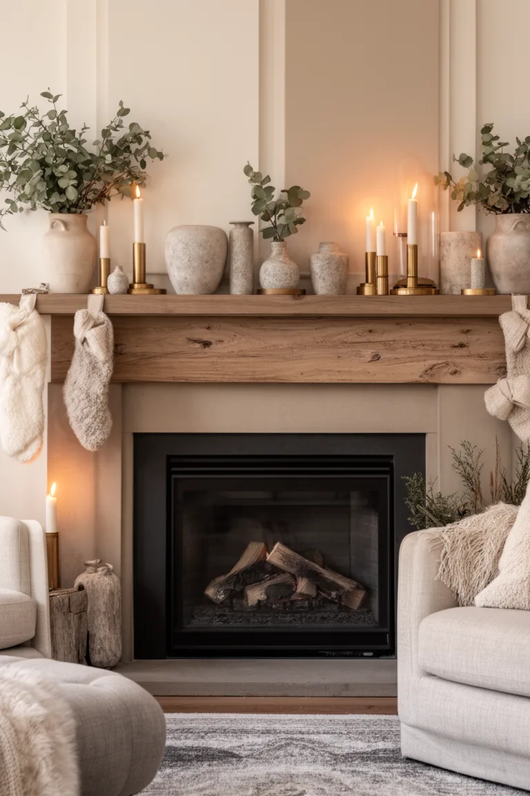 Sophisticated mantel balancing brass candleholders with stone and wood