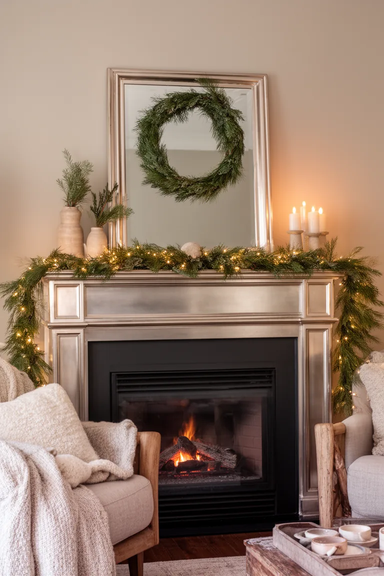 Refined metallic mantel with champagne silver and glowing string lights