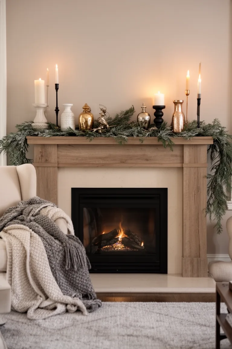 Chic winter mantel with brass and champagne metals and a soft evening glow