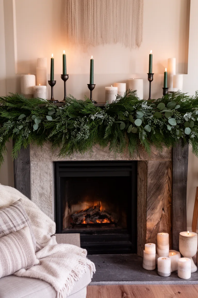 Moody green winter mantel with cedar, eucalyptus and lit green tapers