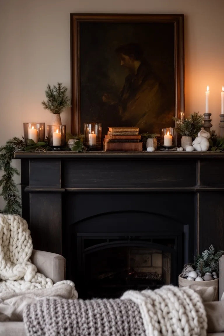 Dark winter mantel with a vintage oil painting and antique books