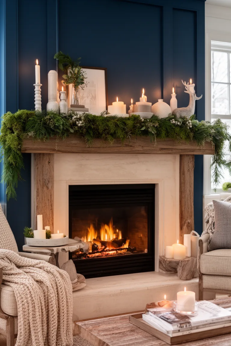 Enchanted cabin mantel in inky blues and greens with candlelight