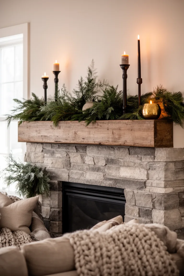 Moody forest mantel with bronze candlesticks and layered evergreen garland