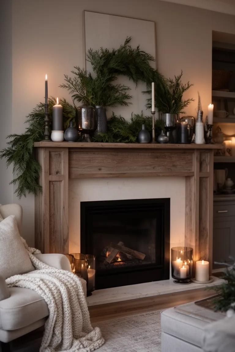 Atmospheric winter mantel with cedar greenery and charcoal candles