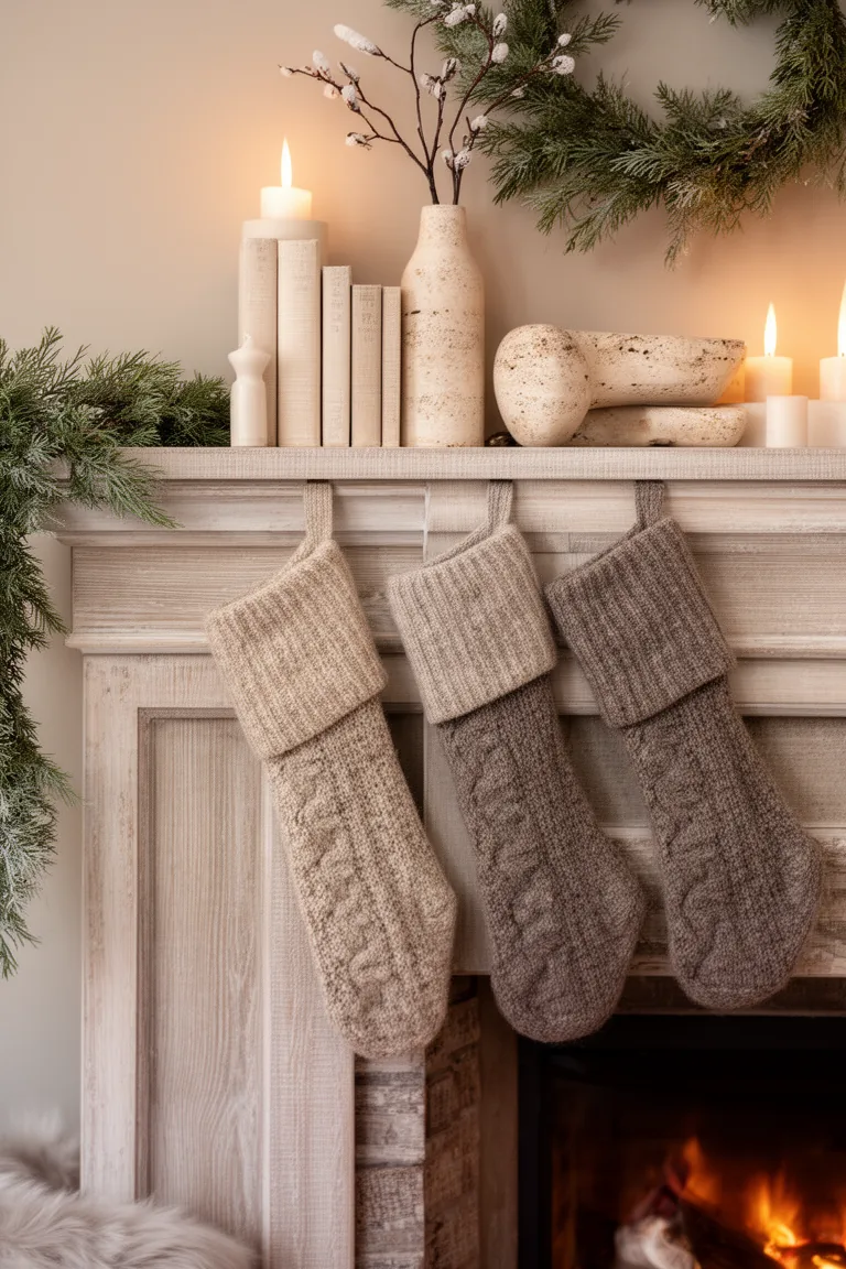 Neutral textured winter mantel with linen books, ceramic vase and wool stockings