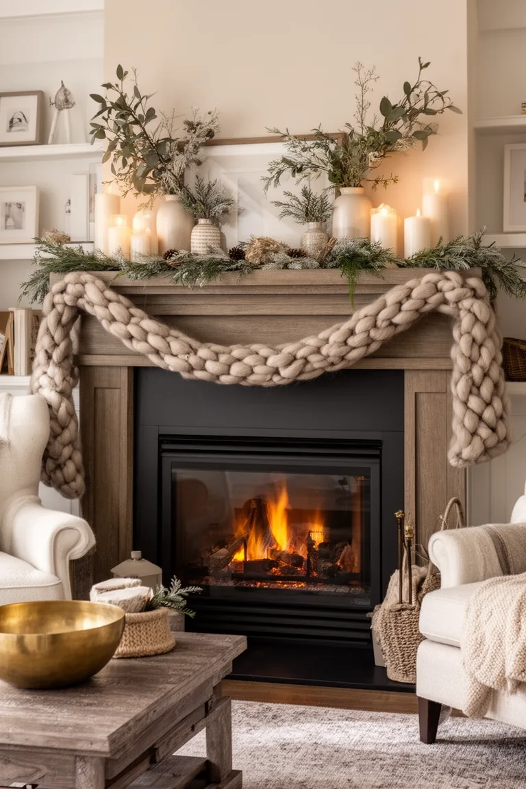 Cozy mantel in sand, ivory and taupe with a knit garland and brass bowl