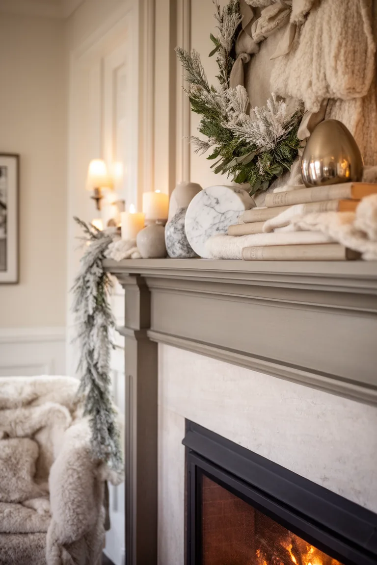Tonal greige mantel with stacked books, marble and a metallic accent