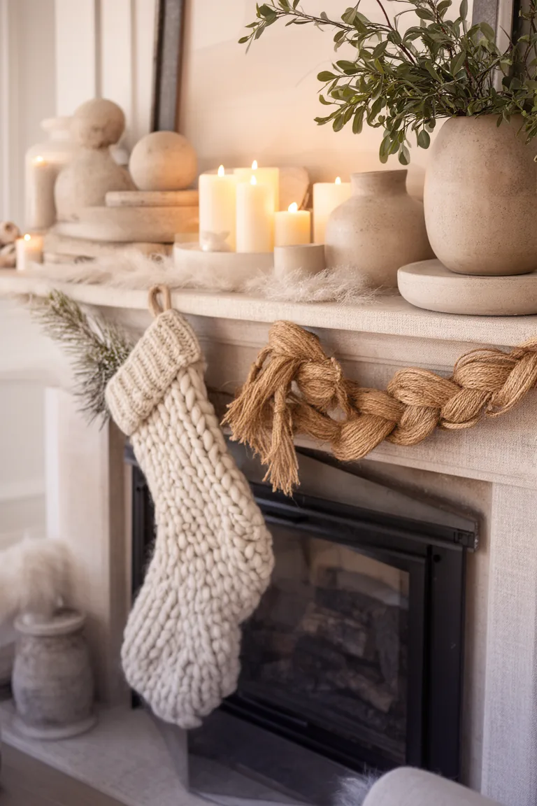 Textural neutral mantel with a knit stocking and a stoneware vase