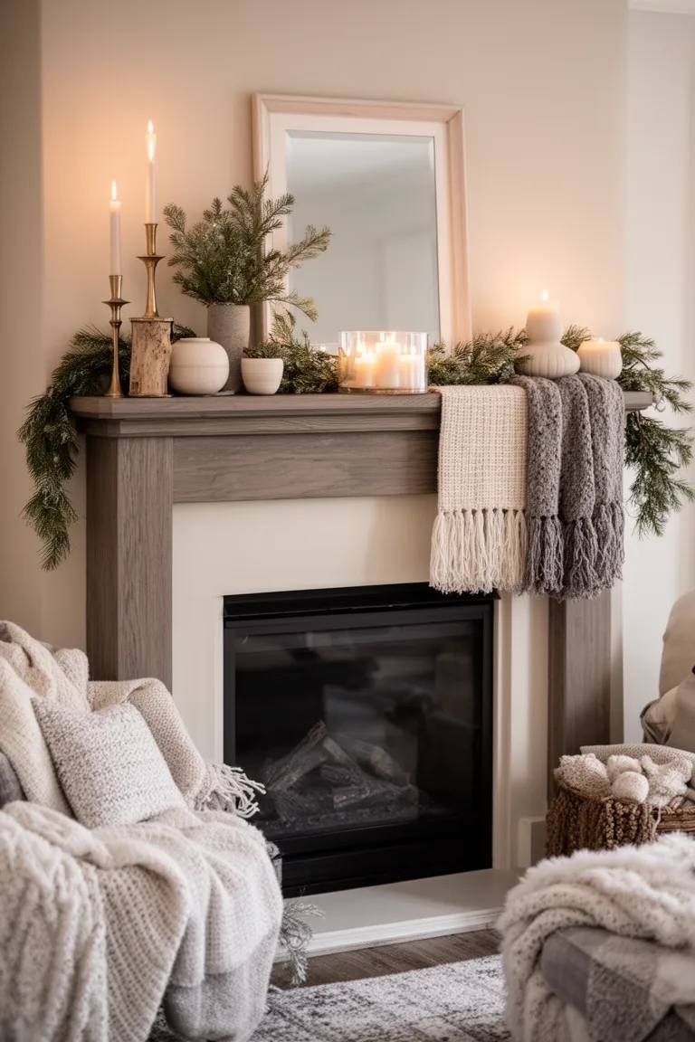 Calm layered mantel in taupe and cream with wool, linen and brass